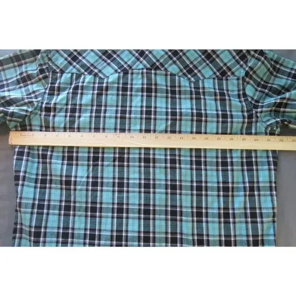 Wrangler Wrancher Western Pearl Snap Aqua/Black Plaid Short Sleeve Shirt Men's M - Picture 8 of 8